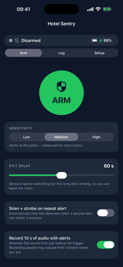 Arm screen with sensitivity, exit delay and deterrent settings