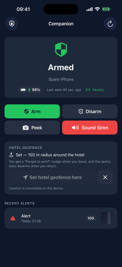 Companion dashboard showing the sentry armed, 98% battery and nearby