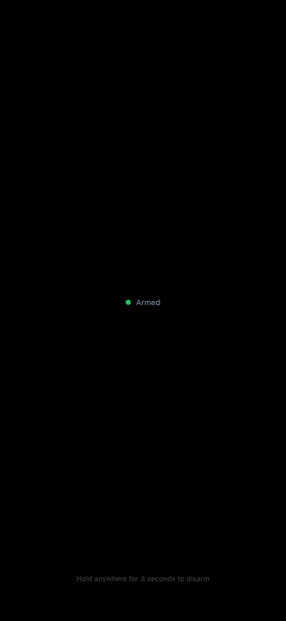 Near-black kiosk screen shown while armed